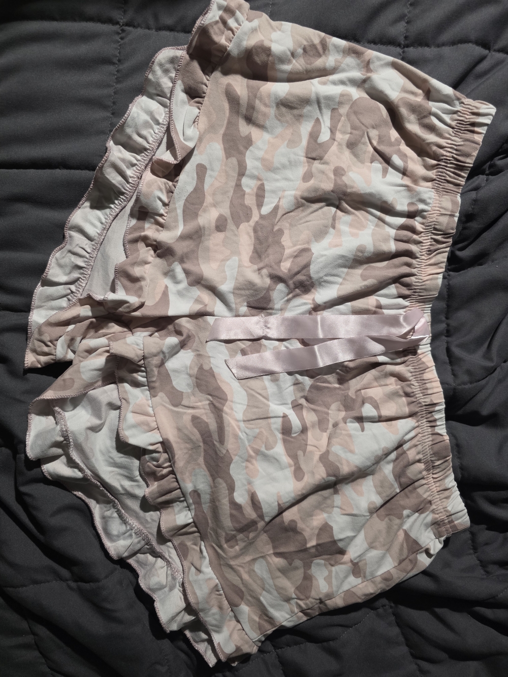 Pink Camo Ruffle Lounge Shorts with Satin Tie